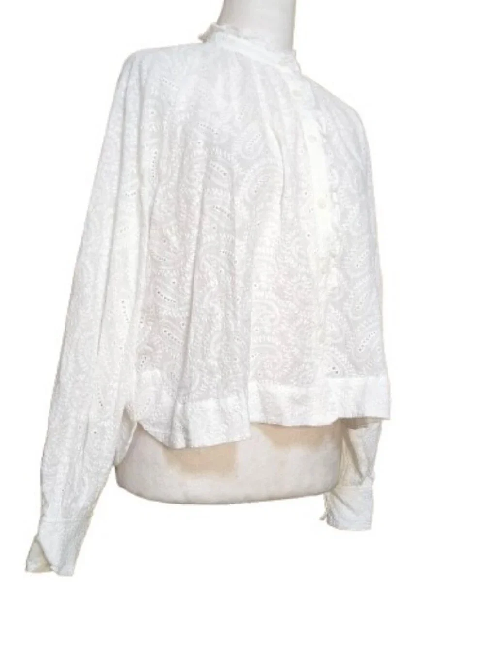 FRNCH Paris White Embroidered Eyelet Cotton Blouse Size L Coastal Cottagecore - Picture 8 of 10
